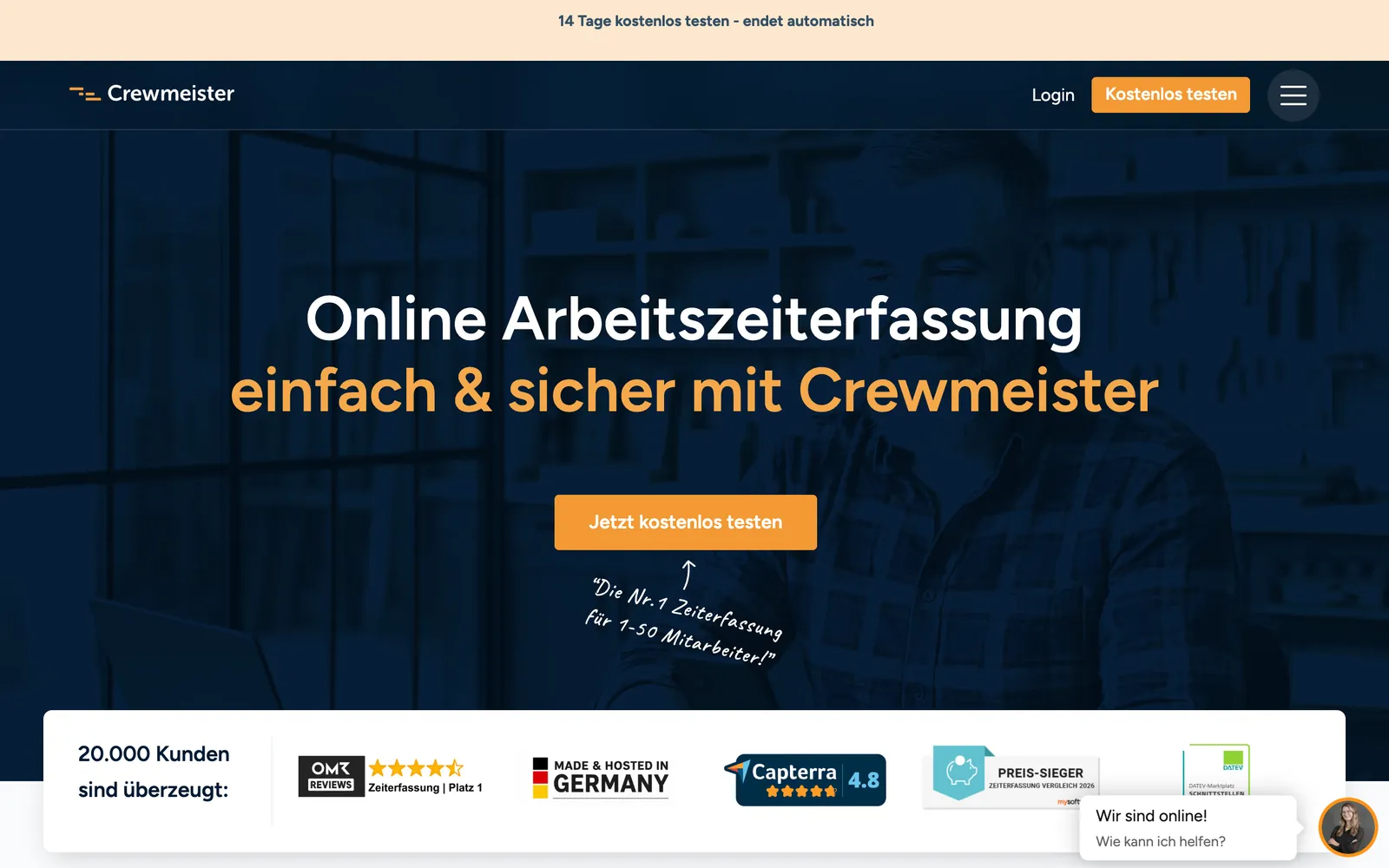 Screenshot der Startseite von crewmeister.de, aufgenommen im August 2026